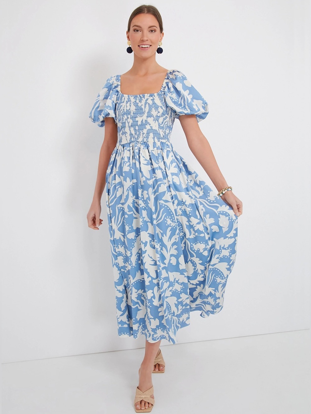 Moon River Silky Blue and White Smocked Midi Dress with Puff Sleeves Large